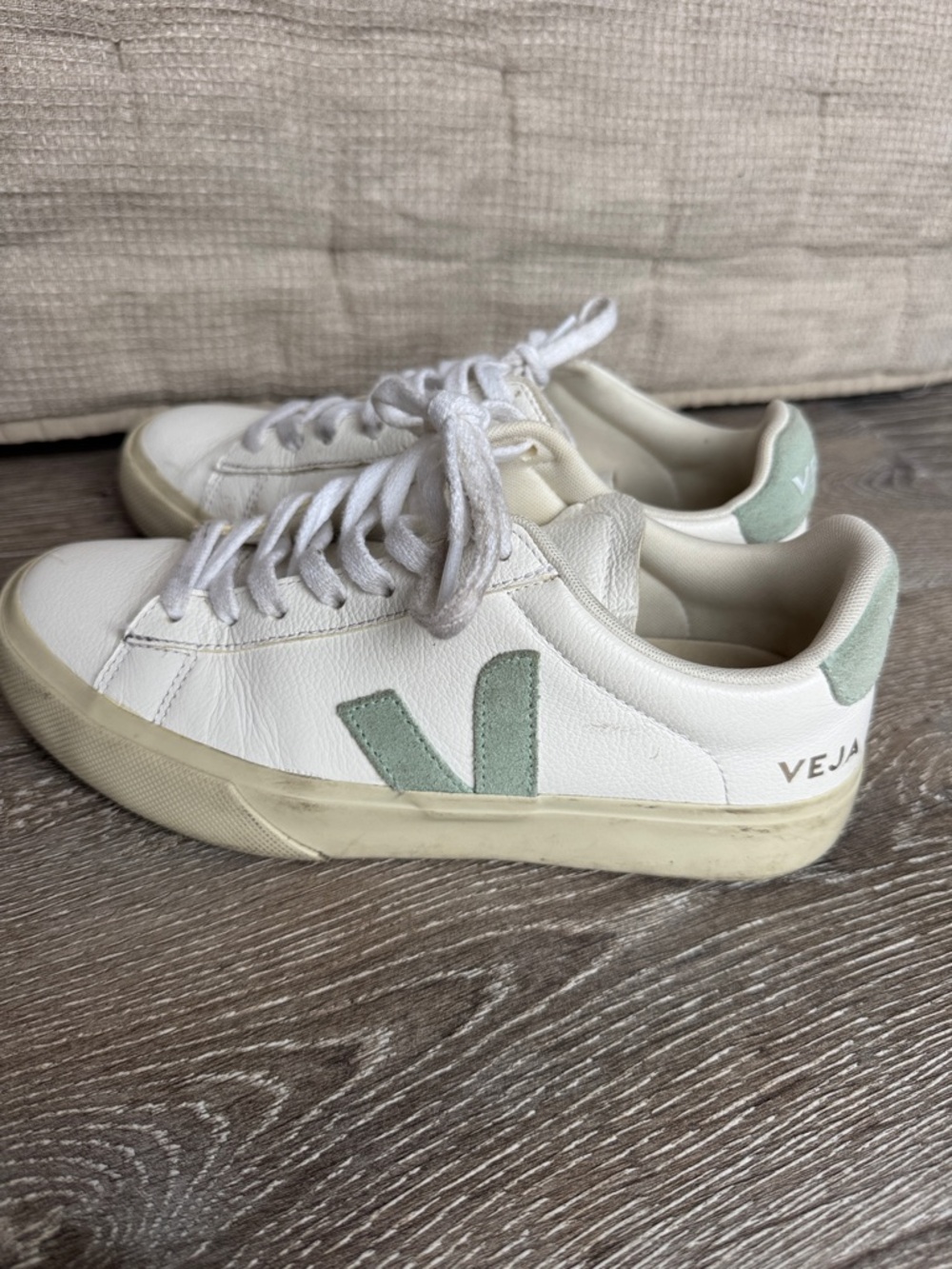 Veja White Leather Sneakers with Mint V Logo and Heel Tab JH